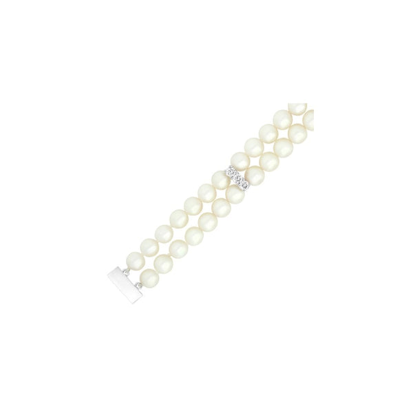 18ct white gold 7.5" 6mm x 6.5mm pearl & diamond 2 row bracelet