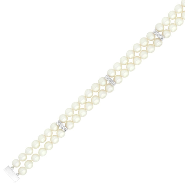 18ct white gold 7.5" 6mm x 6.5mm pearl & diamond 2 row bracelet