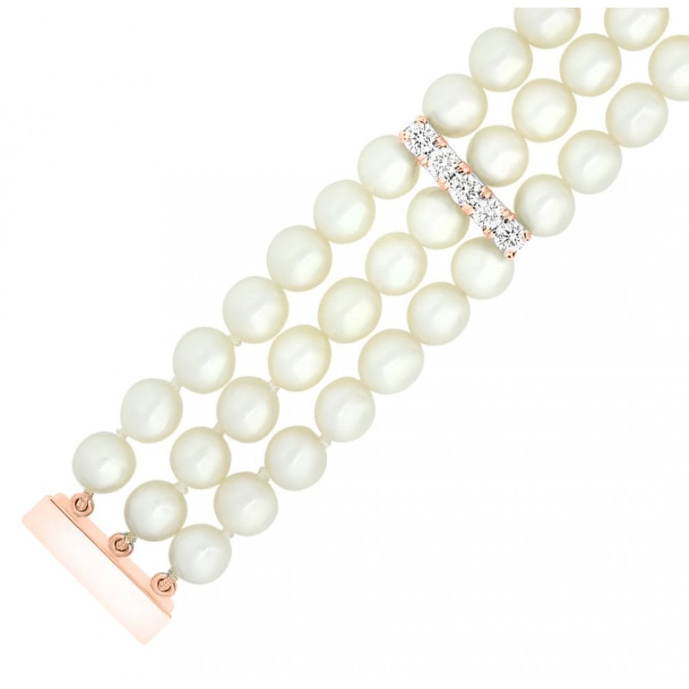 18ct rose gold 7.5" 6mm x 6.5mm pearl & diamond 3 row bracelet