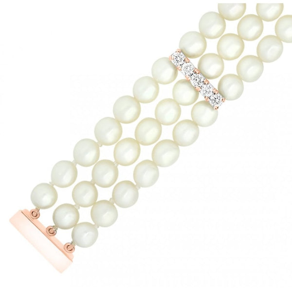 18ct rose gold 7.5" 6mm x 6.5mm pearl & diamond 3 row bracelet
