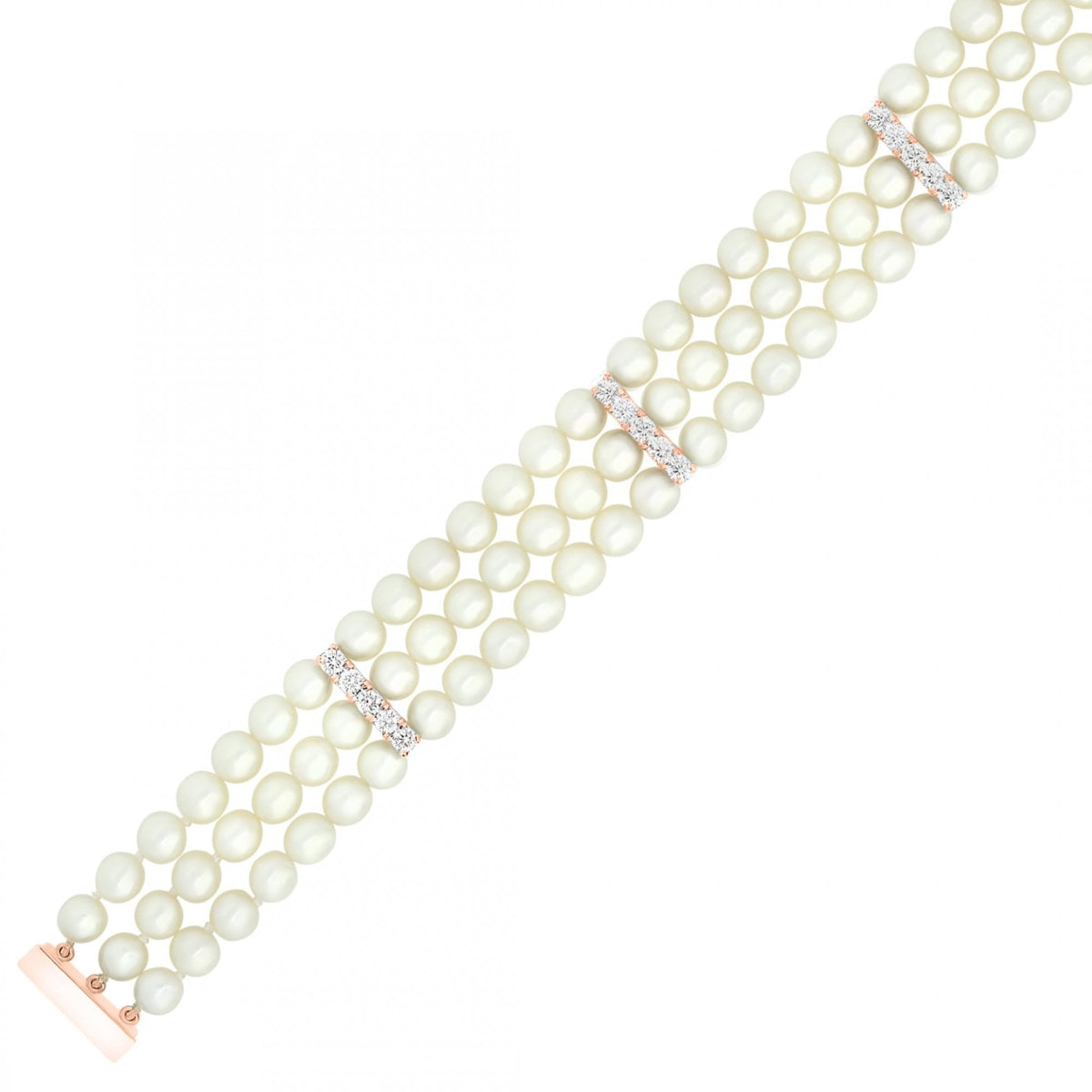 18ct rose gold 7.5" 6mm x 6.5mm pearl & diamond 3 row bracelet