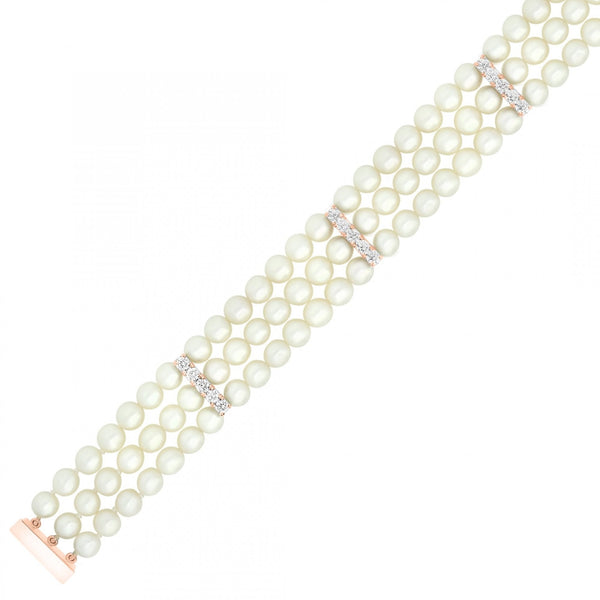 18ct rose gold 7.5" 6mm x 6.5mm pearl & diamond 3 row bracelet