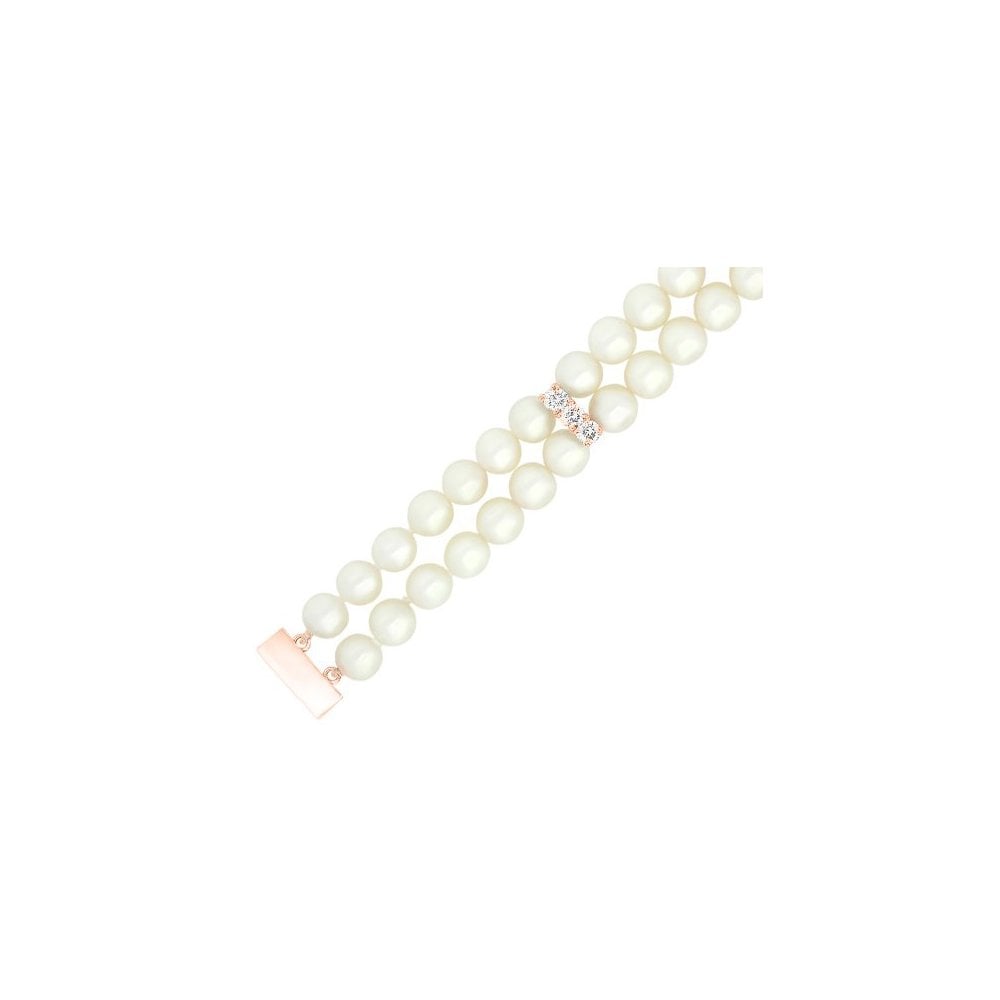 18ct rose gold 7.5" 6mm x 6.5mm pearl & diamond 2 row bracelet