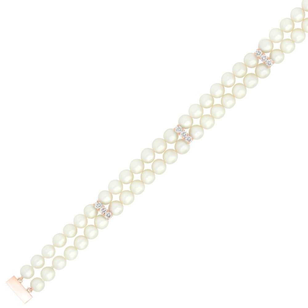 18ct rose gold 7.5" 6mm x 6.5mm pearl & diamond 2 row bracelet