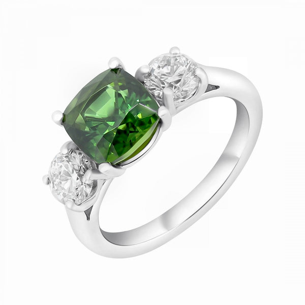 Platinum 2.55ct green tourmaline & 1.12ct diamond 3 stone ring