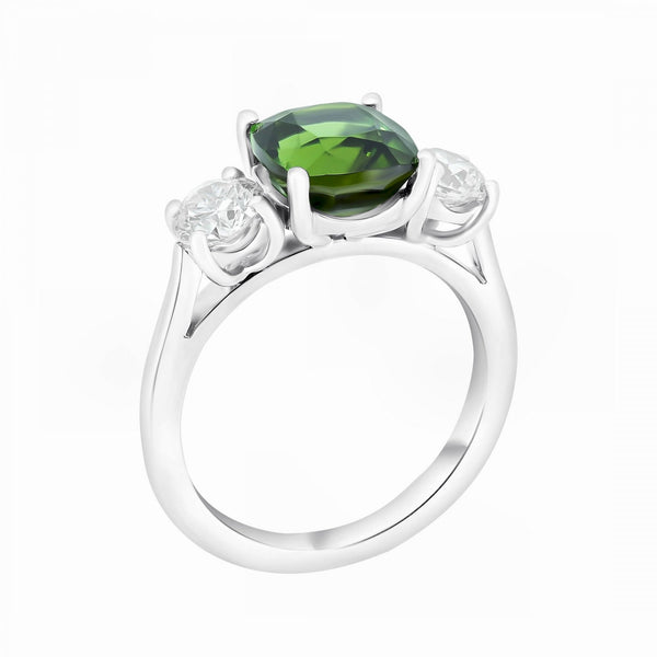 Platinum 2.55ct green tourmaline & 1.12ct diamond 3 stone ring