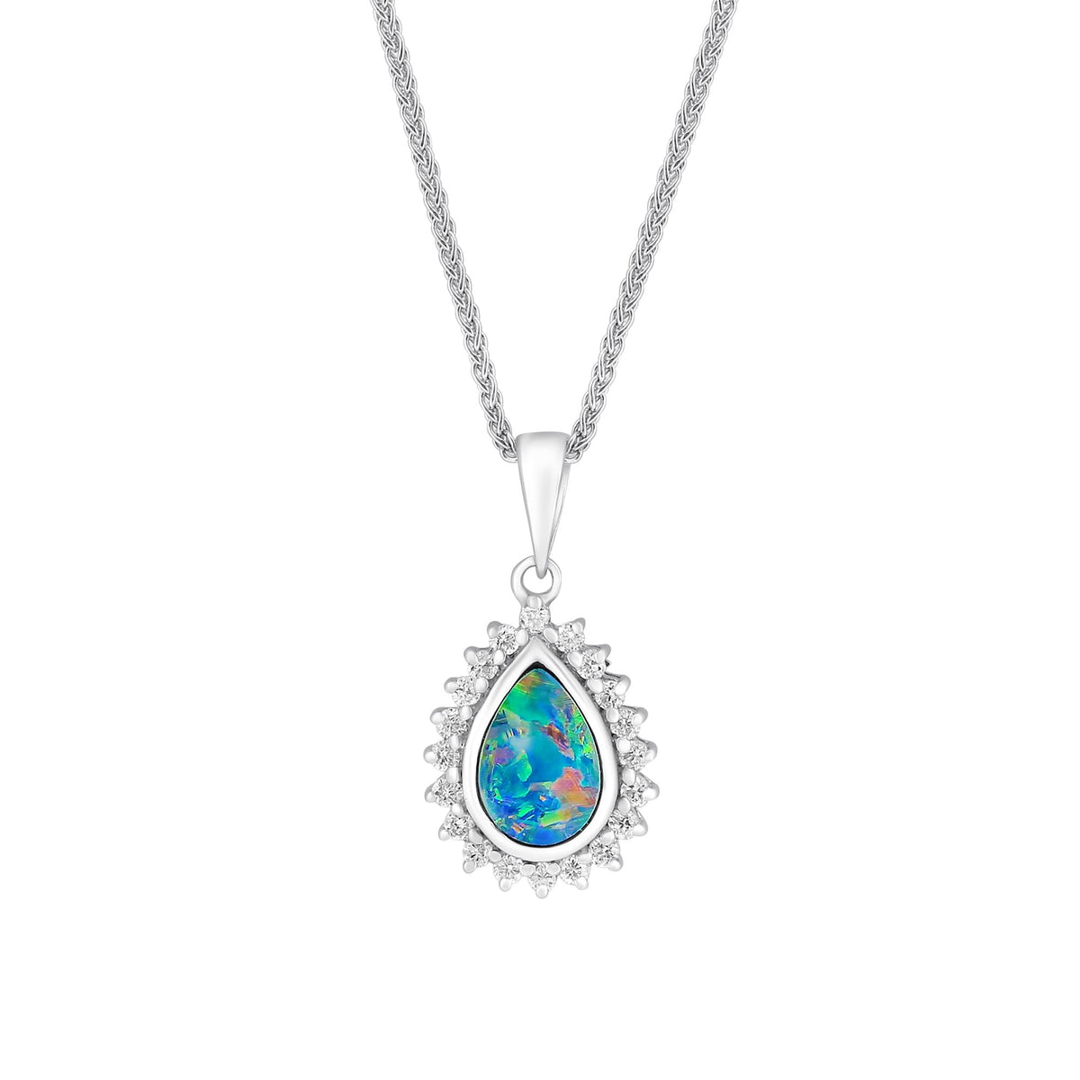 14ct white gold 0.83ct opal doublet & 0.27ct diamond pendant