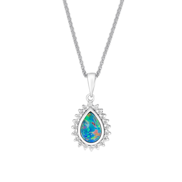 14ct white gold 0.83ct opal doublet & 0.27ct diamond pendant