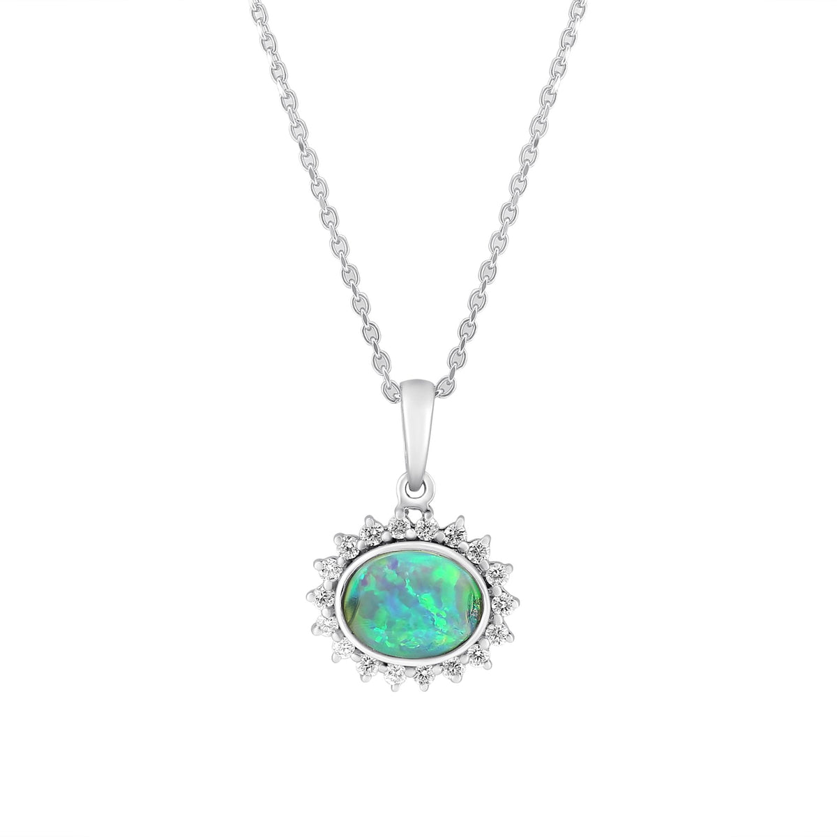 18ct white gold 0.55ct natural opal & 0.26ct diamond pendant