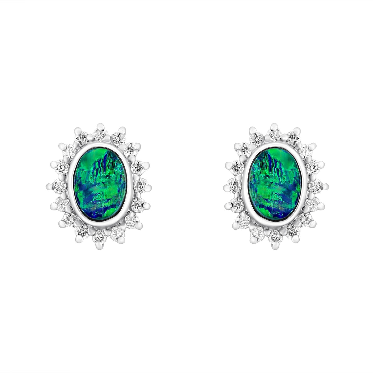 14ct white gold 0.90ct opal & 0.37ct diamond cluster earrings