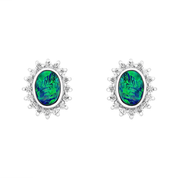 14ct white gold 0.90ct opal & 0.37ct diamond cluster earrings