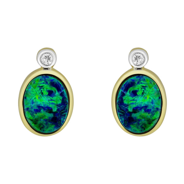 14ct yellow gold 1.34ct opal doublet & 0.03ct diamond earrings
