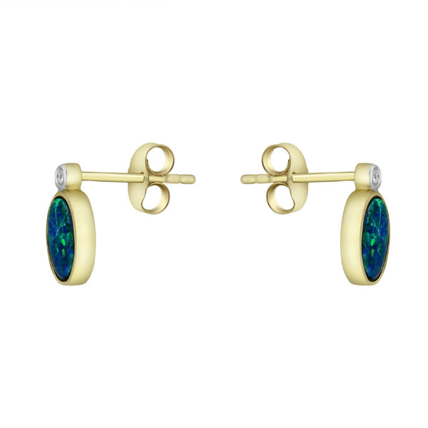 14ct yellow gold 1.34ct opal doublet & 0.03ct diamond earrings