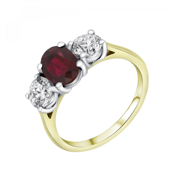 18ct yellow gold 1.74ct ruby & 1.00ct diamond 3 stone ring