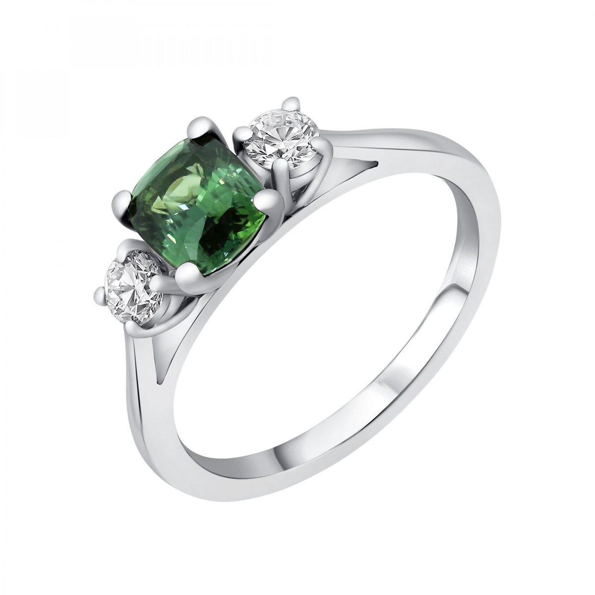 Platinum 1.61ct teal sapphire & 0.28ct diamond 3 stone ring