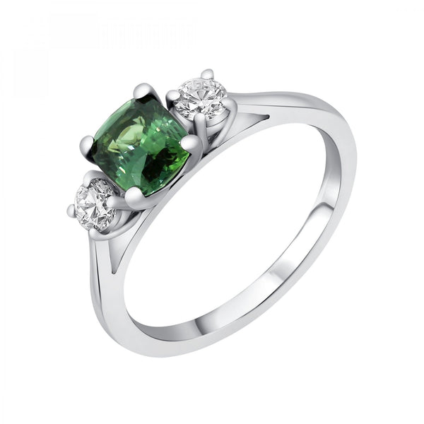 Platinum 1.61ct teal sapphire & 0.28ct diamond 3 stone ring