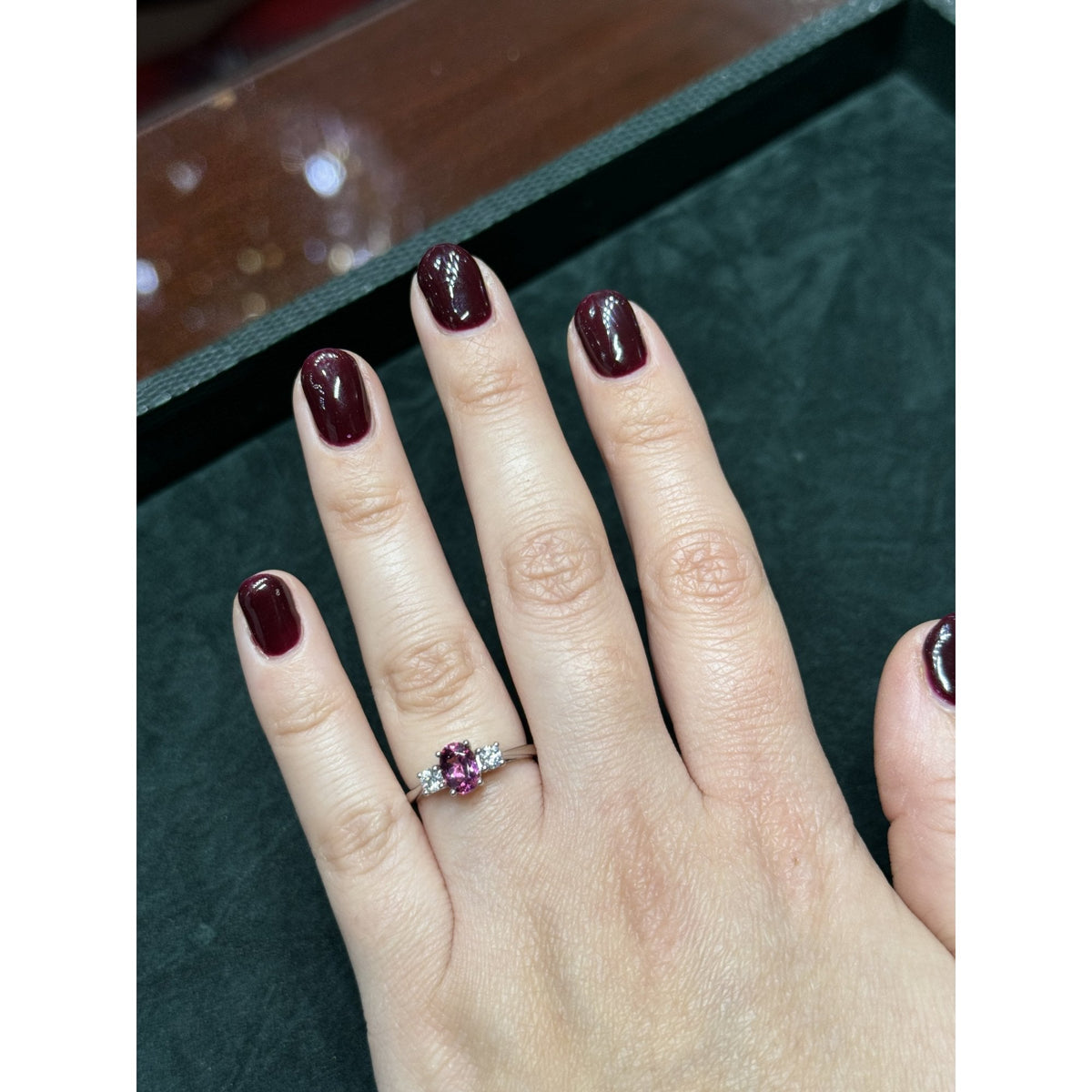 Platinum 0.72ct pink tourmaline & 0.25ct diamond 3 stone ring