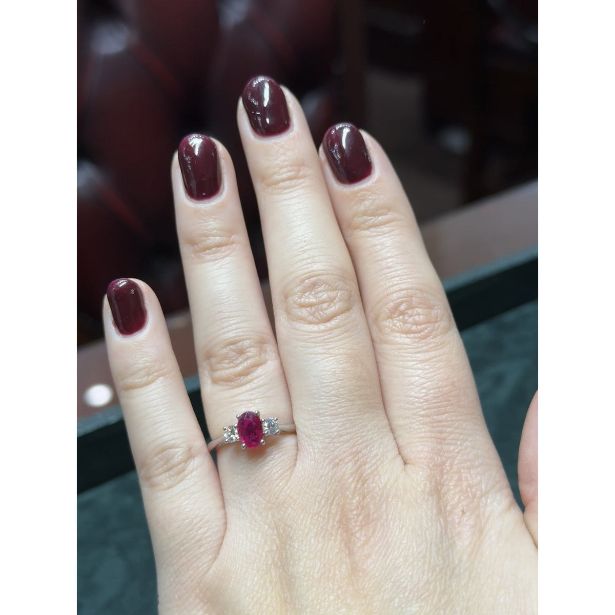 Platinum 0.73ct ruby & 0.28ct diamond 3 stone ring