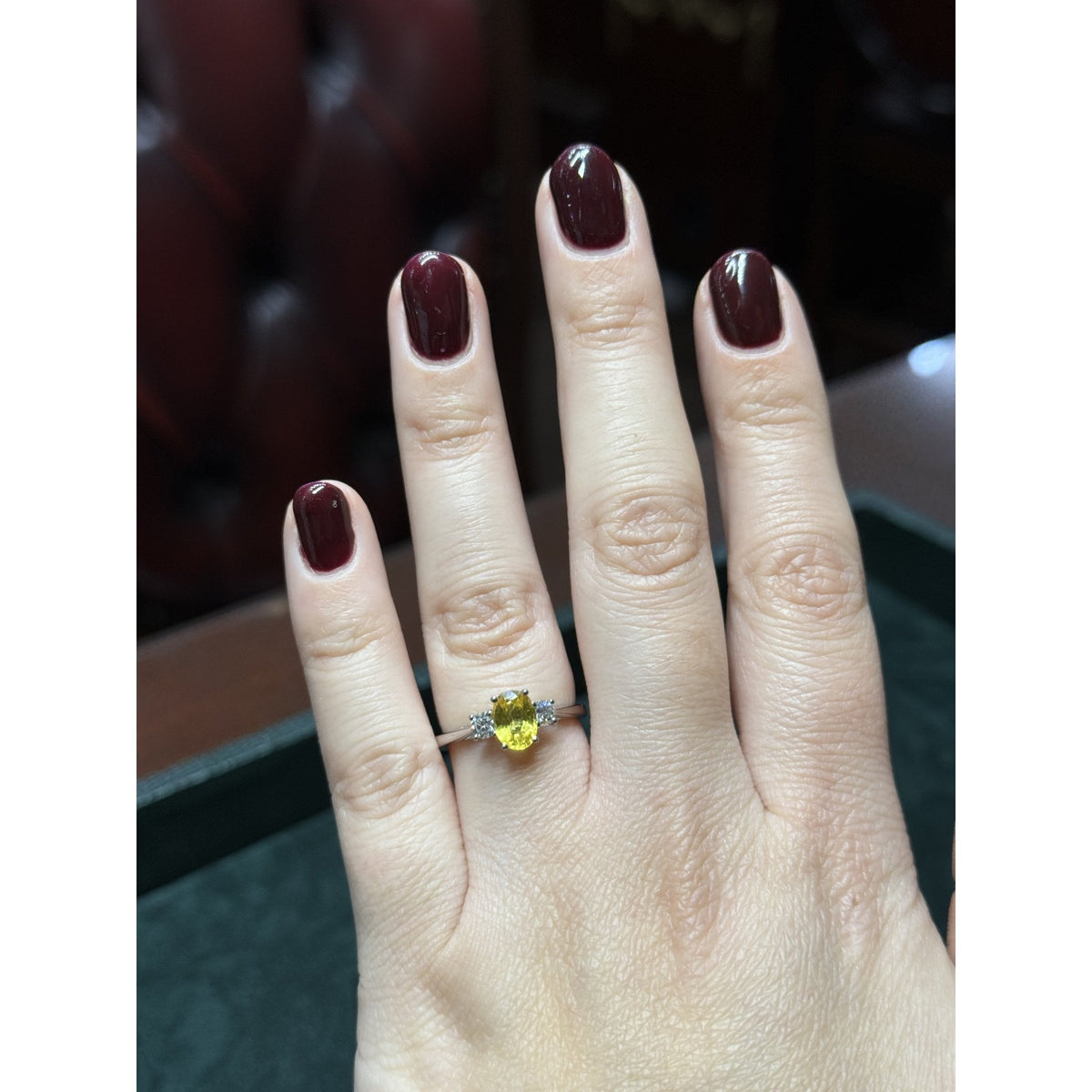 Platinum 1.17ct yellow sapphire & 0.25ct diamond 3 stone ring