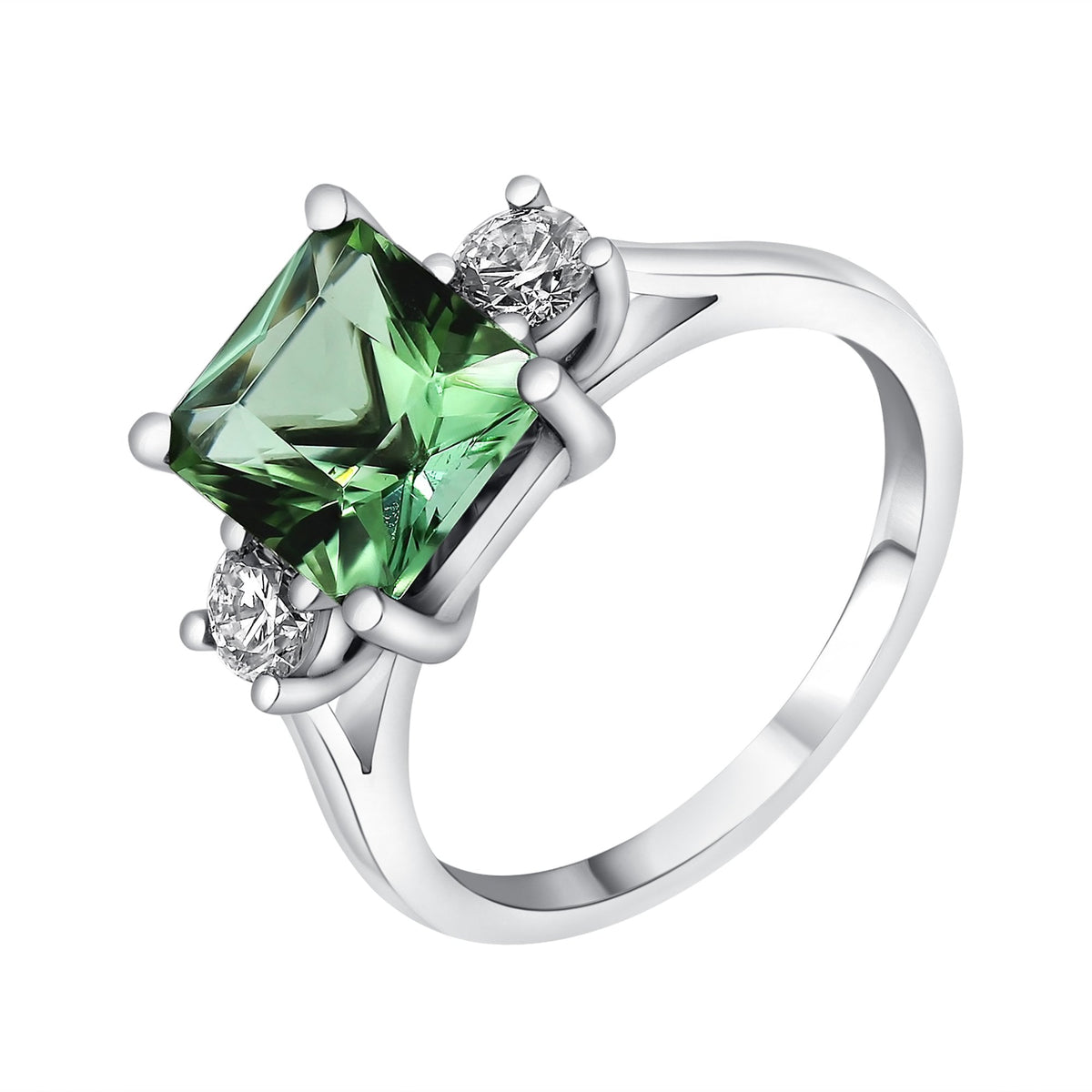 Platinum 2.77ct mint tourmaline & 0.43ct diamond 3 stone ring