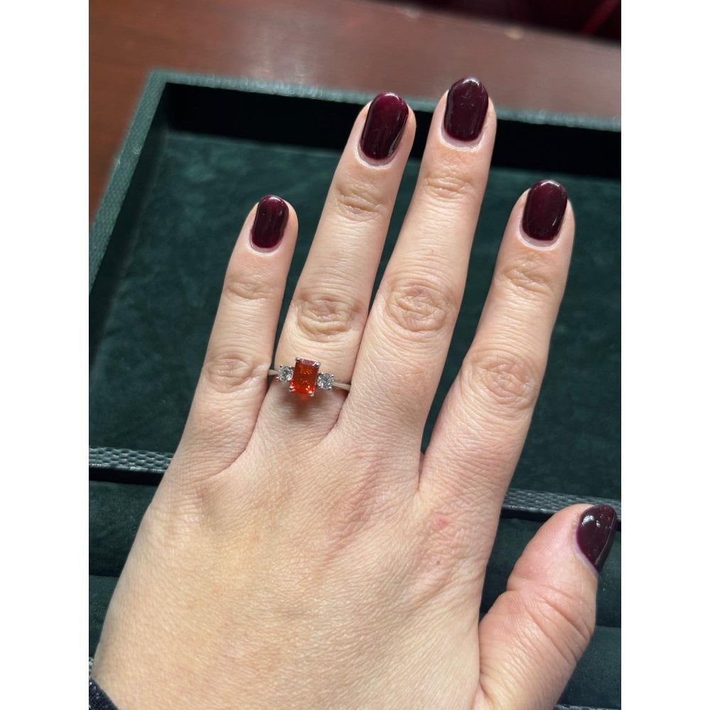 Platinum 0.71ct fire opal & 0.30ct diamond 3 stone ring