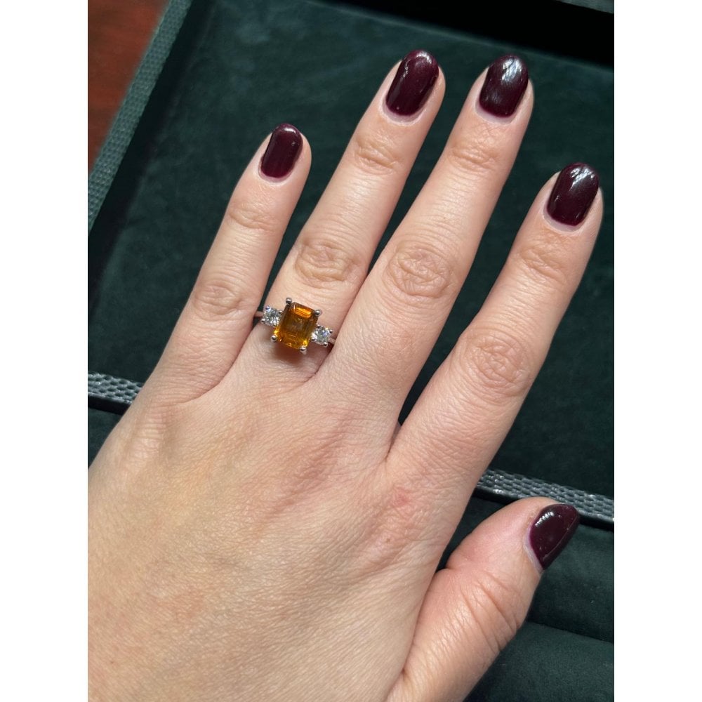 Platinum 2.20ct citrine & 0.40ct diamond 3 stone ring