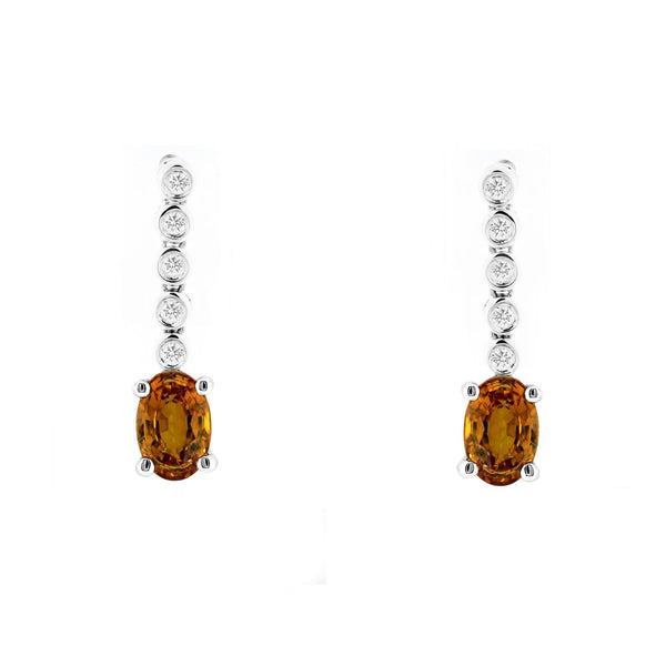 Platinum 1.40ct orange sapphire & 0.10ct diamond drop earrings
