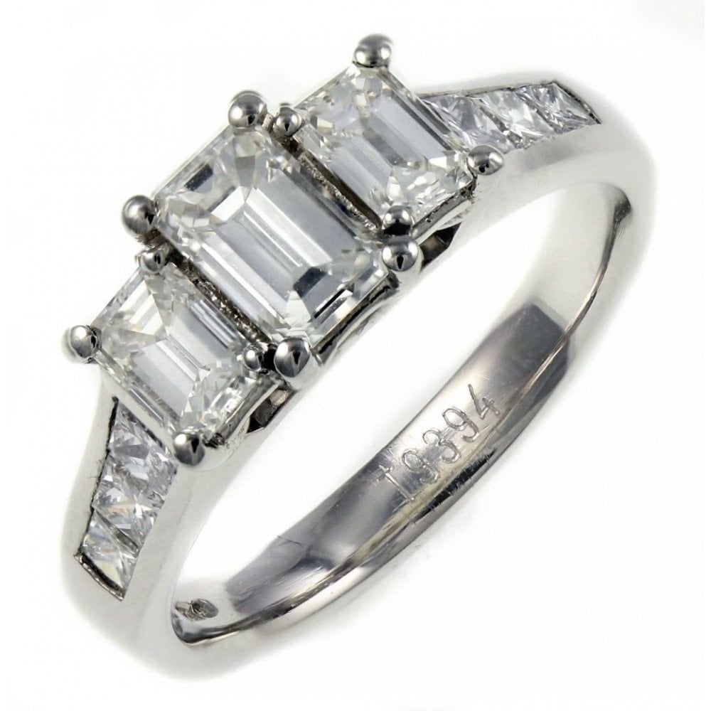Platinum 1.68ct F VS2 GIA emerald cut 3 stone diamond ring