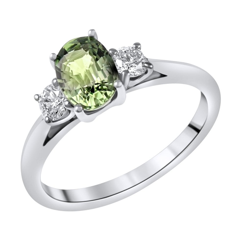 Platinum 0.88ct green sapphire & 0.25ct diamond 3 stone ring
