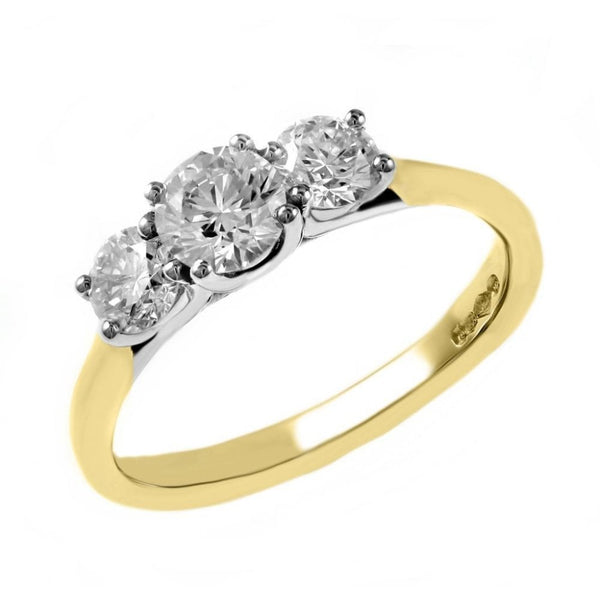 18ct yellow gold 0.81ct F VS1 GIA round diamond 3 stone ring