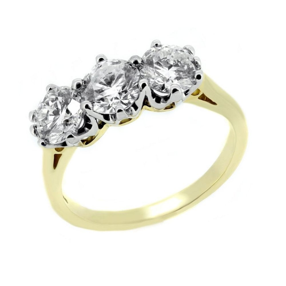 18ct yellow gold 2.03ct F VS2 GIA round diamond 3 stone ring