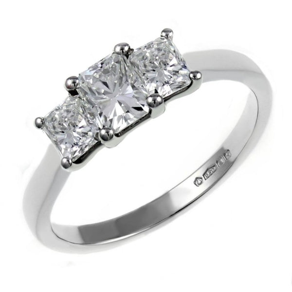 Platinum 1.52ct E VS2 GIA radiant cut 3 stone diamond ring
