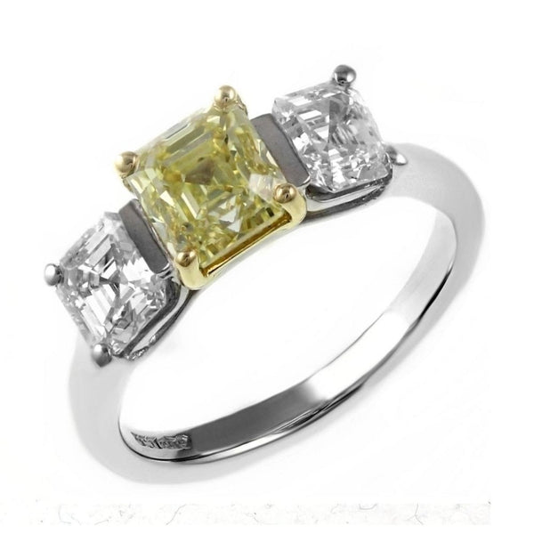 Platinum 2.25ct GIA fancy yellow asscher diamond 3 stone ring