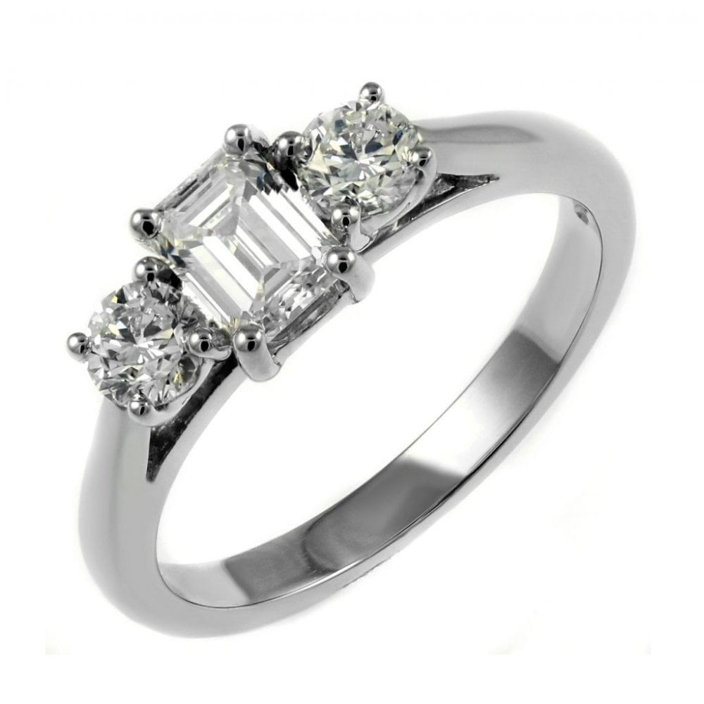 Platinum 1.00ct emerald & round cut diamond 3 stone ring
