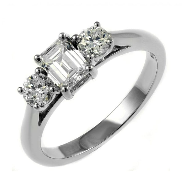 Platinum 1.00ct emerald & round cut diamond 3 stone ring
