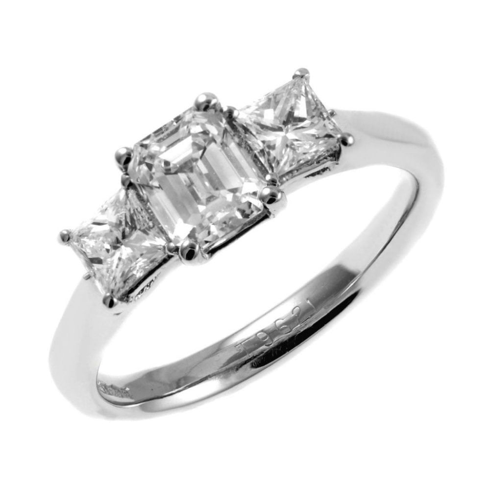 Platinum 1.34ct F VVS2 EGL emerald & princess cut 3 stone ring
