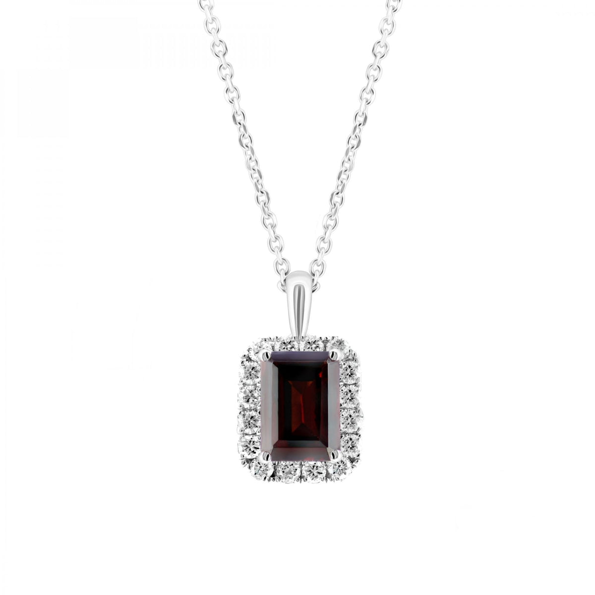 18ct white gold 1.10ct garnet & 0.25ct diamond pendant