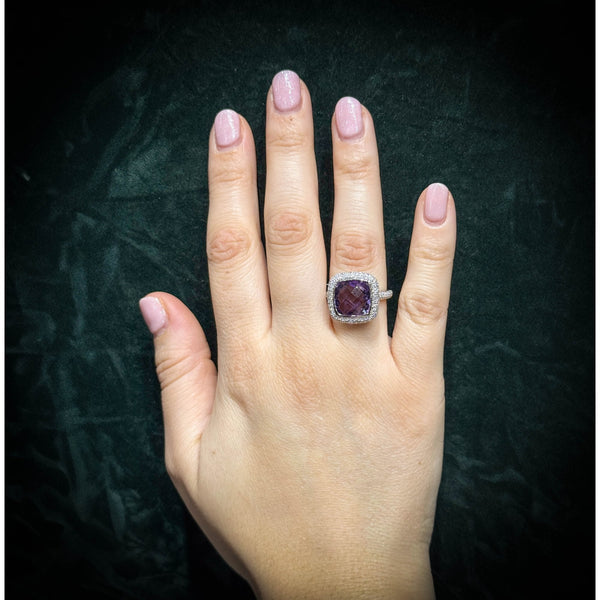 18ct white gold 4.86ct amethyst & 0.60ct diamond cluster ring