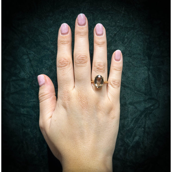 9ct yellow gold 14mm x 10mm oval smoky quartz ring