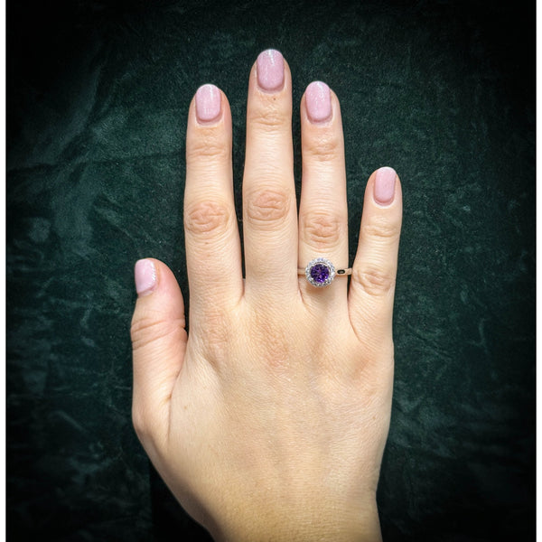 Platinum 0.85ct amethyst & 0.23ct diamond halo ring