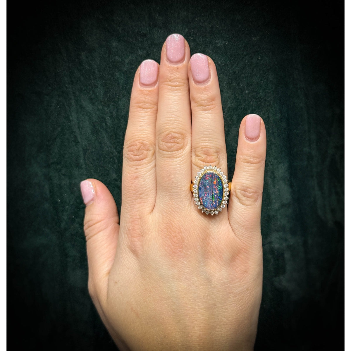 14ct yellow gold 3.34ct opal doublet & 0.61ct diamond ring