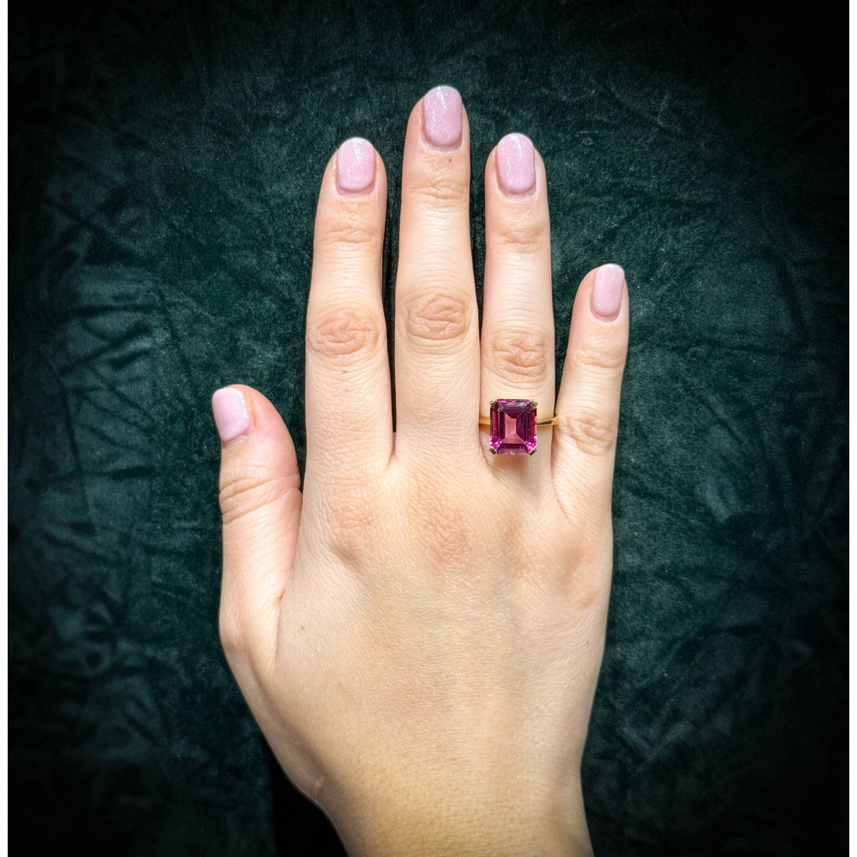 9ct yellow gold 12mm x 10mm emerald cut pink topaz ring