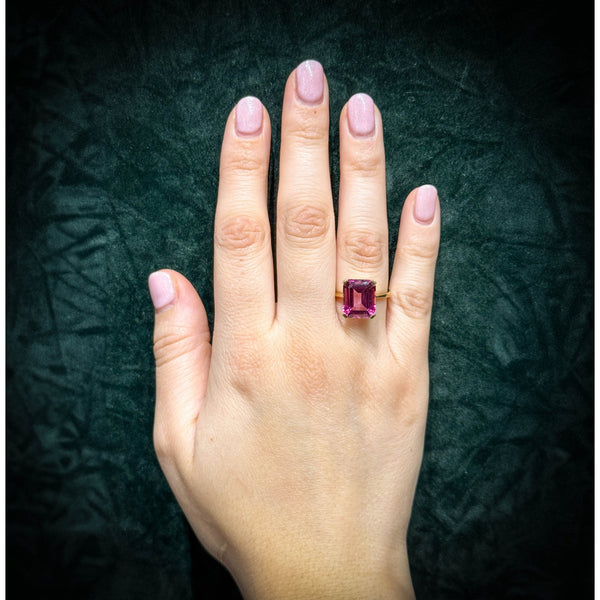 9ct yellow gold 12mm x 10mm emerald cut pink topaz ring