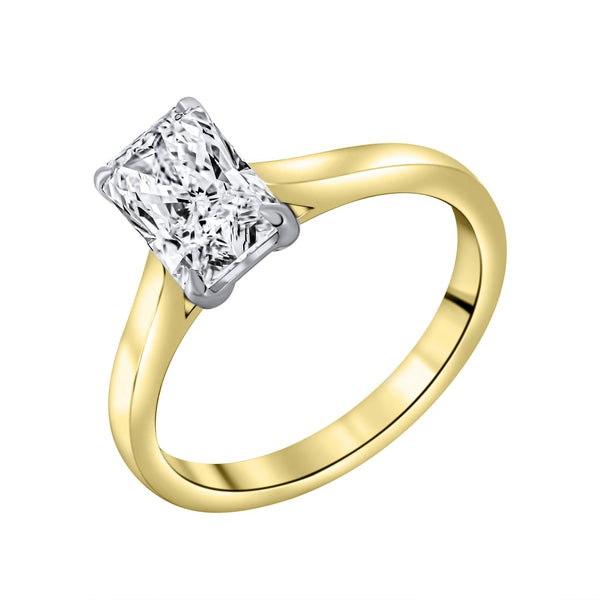 Lab grown 18ct yellow gold 1.55ct D VVS2 radiant diamond ring