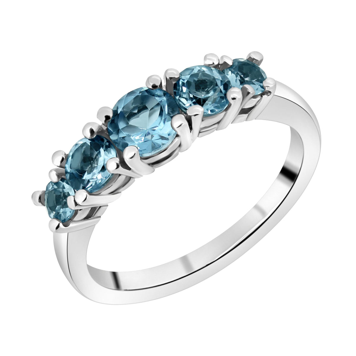 9ct white gold 5mm, 4mm & 3mm round blue topaz 5 stone ring