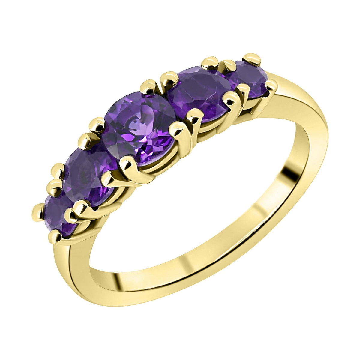 9ct yellow gold 5mm, 4mm & 3mm round amethyst 5 stone ring
