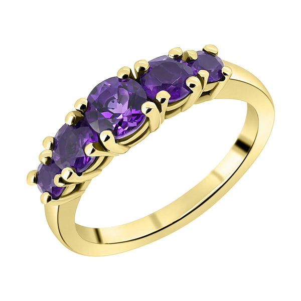9ct yellow gold 5mm, 4mm & 3mm round amethyst 5 stone ring