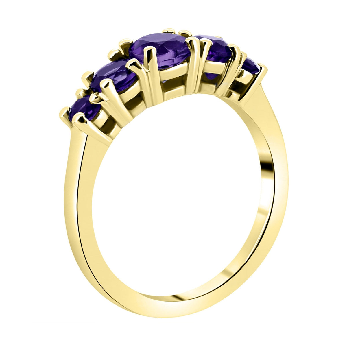9ct yellow gold 5mm, 4mm & 3mm round amethyst 5 stone ring