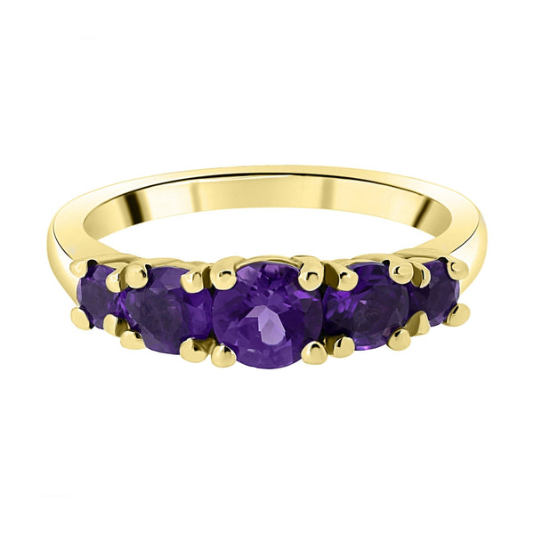 9ct yellow gold 5mm, 4mm & 3mm round amethyst 5 stone ring