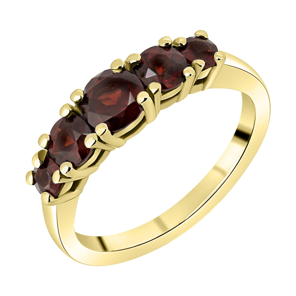 9ct yellow gold 5mm, 4mm & 3mm round garnet 5 stone ring